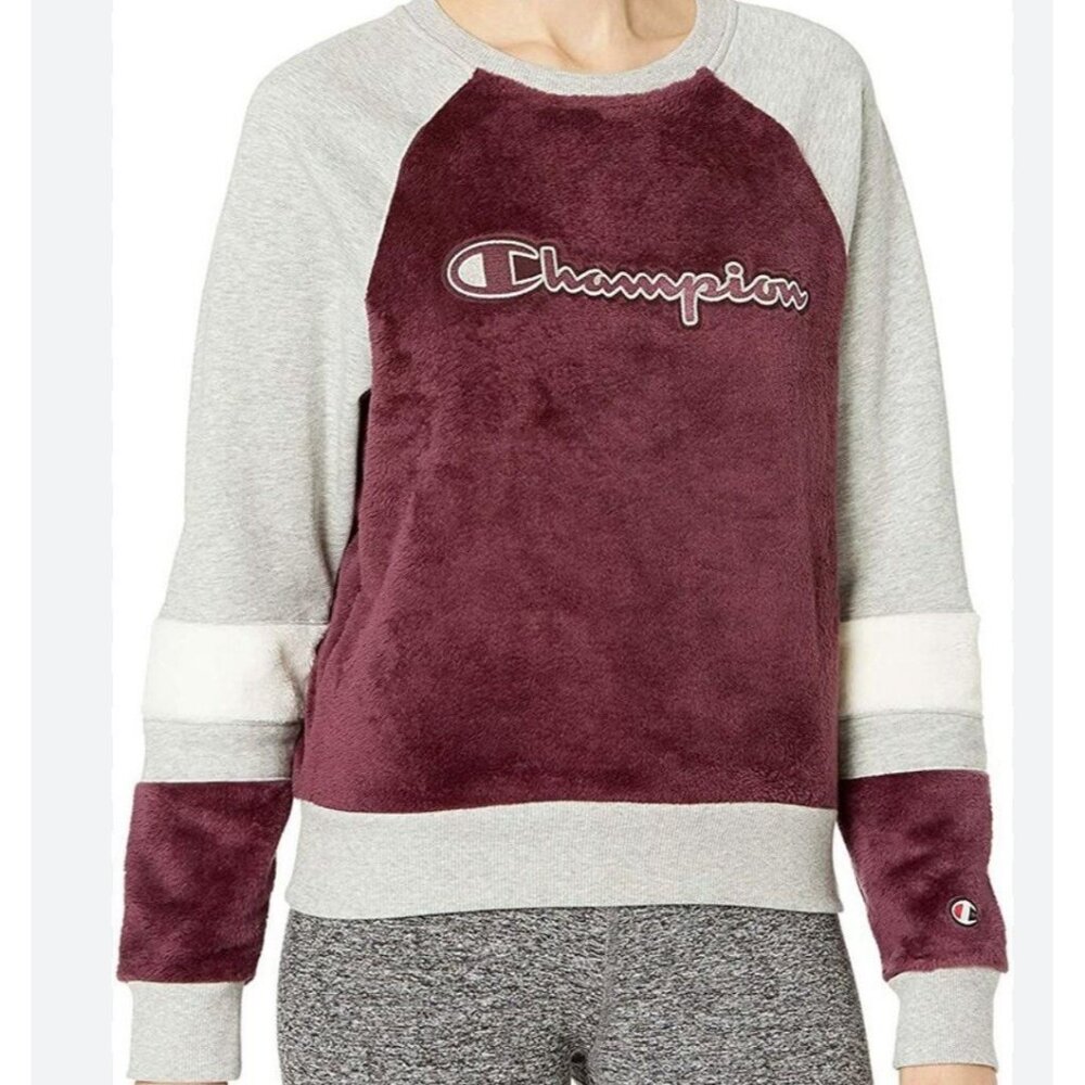 Champion Shirt Womens Small Fleece Faux-fur Colorblock Purple  Logo Sweatshirt